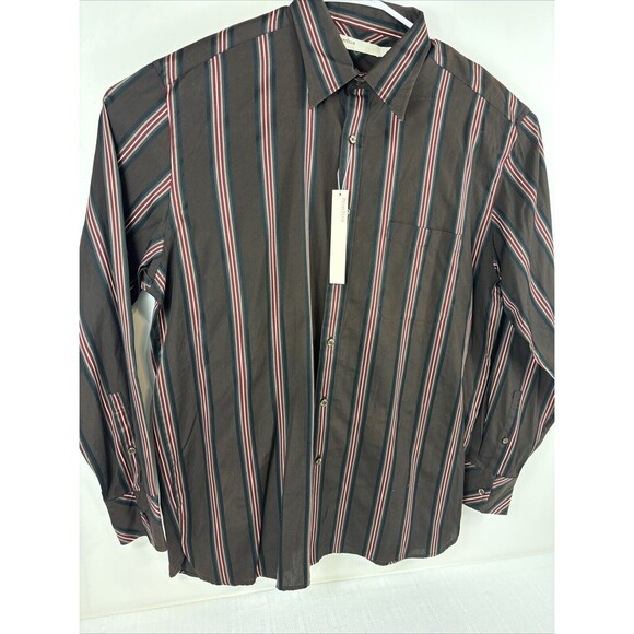 Perry Ellis Mens Size L Brown Stripe Button Up Shirt Long Sleeve NWT 100% Cotton - Picture 3 of 9